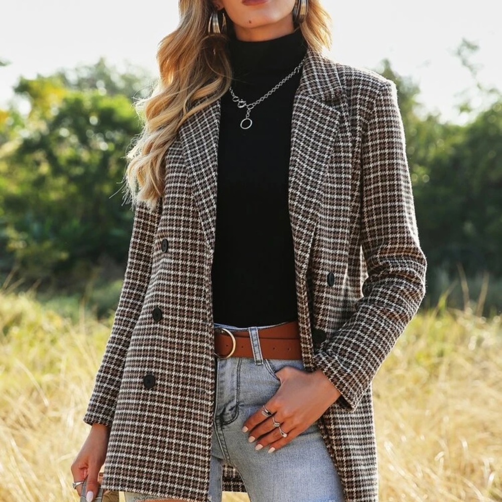 Minimalist Dark Academia Blazer jacket gingham plaid double breasted brown